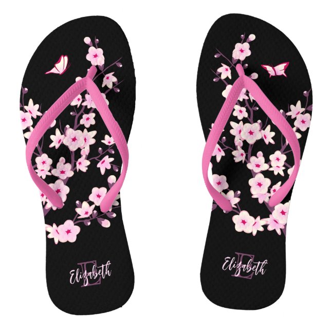 Blumenkrebs Blüten Rosa Schwarzer Name Monogramm Flip Flops (Fußbett)