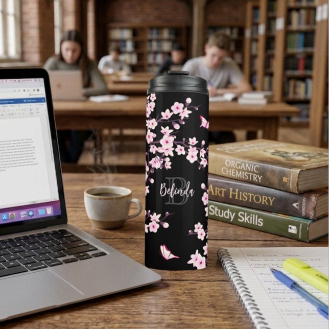 Blumenkrebs Blüten Rosa Schwarzer Name Monogramm Thermosbecher (Von Creator hochgeladen)