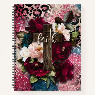 Blumenkreuz auf Pink Blue Glitzer Leopard Print Notizbuch