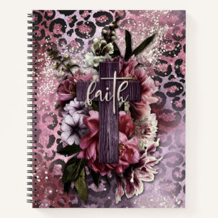 Blumenkreuz auf rosafarbenem Lila Glitzer Leopardr Notizbuch