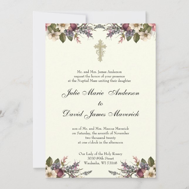 Blumenkreuz Christliche Hochzeitsszenarien katholi Einladung (Vorderseite)