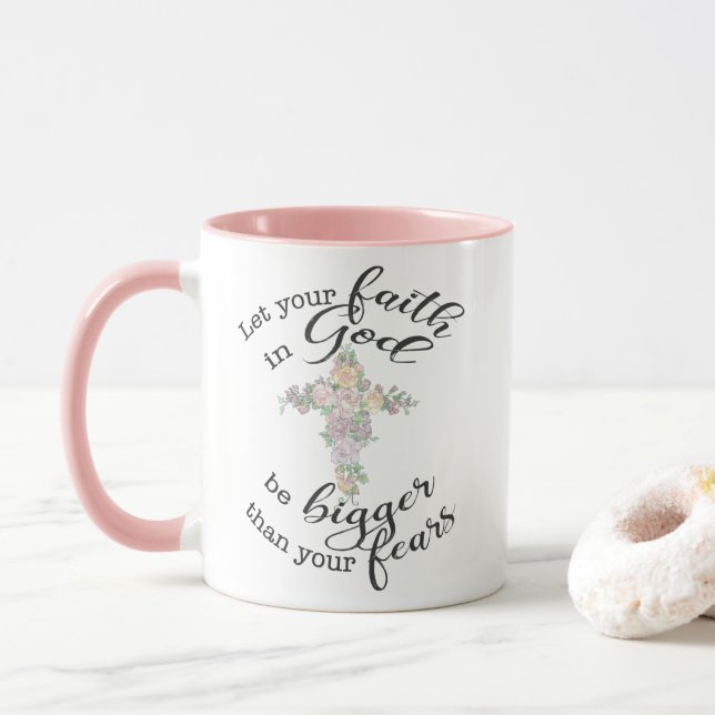 Blumenkreuz mit Christlichem Zitat Tasse (Mit Donut)