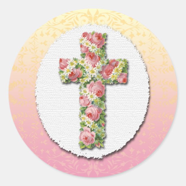 Blumenkreuz, rosa Rosen und Milchaufkleber Runder Aufkleber (Vorderseite)