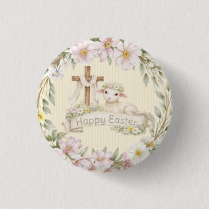 Blumenkreuz und Lamm   Frohe Ostern Button