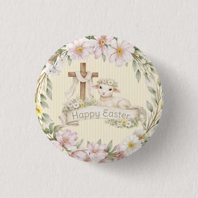 Blumenkreuz und Lamm | Frohe Ostern Button (Vorderseite)