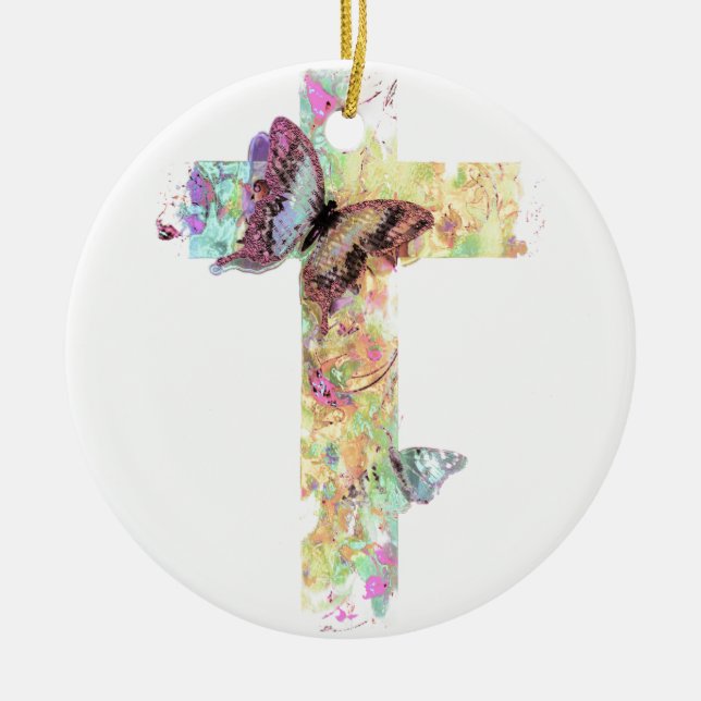 Blumenkreuz und Schmetterlinge Keramik Ornament (Vorne)