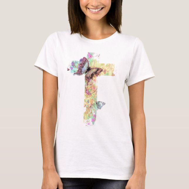 Blumenkreuz und Schmetterlinge T-Shirt (Vorderseite)