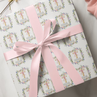 Blumenkreuz zur Erstkommunion mit rosa Schleife Geschenkpapier
