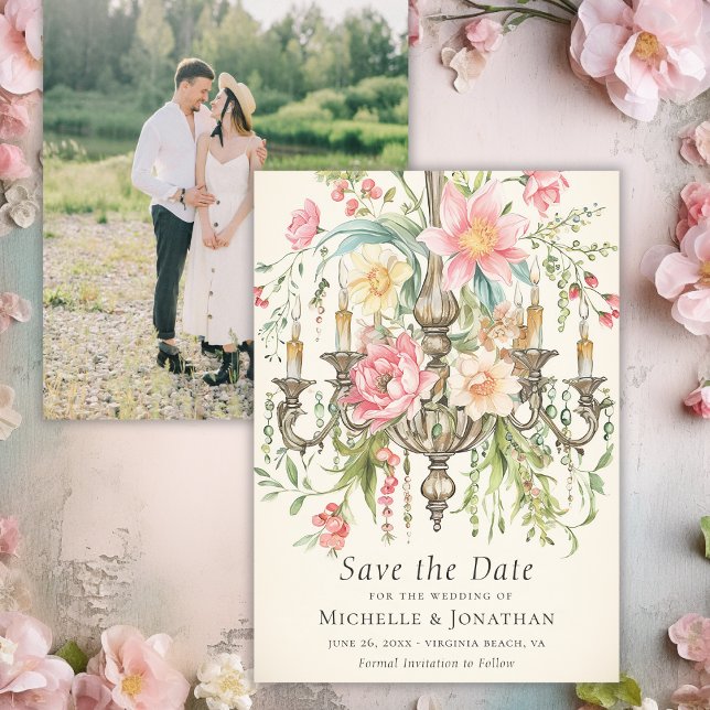 Blumenkronleuchter Hochzeitsstich-Foto Save The Date (Watercolor Floral Chandelier Wedding Photo Save The Date)