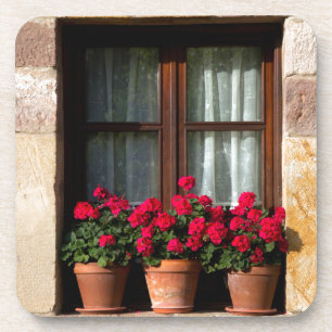 Blumenkübel am Fenster im Dorf Getränkeuntersetzer