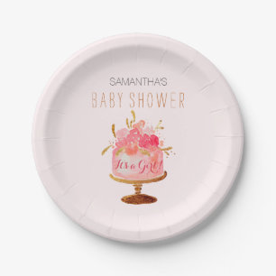 Blumenkuchen mit einer Girl-Baby-Duschplatte Pappteller