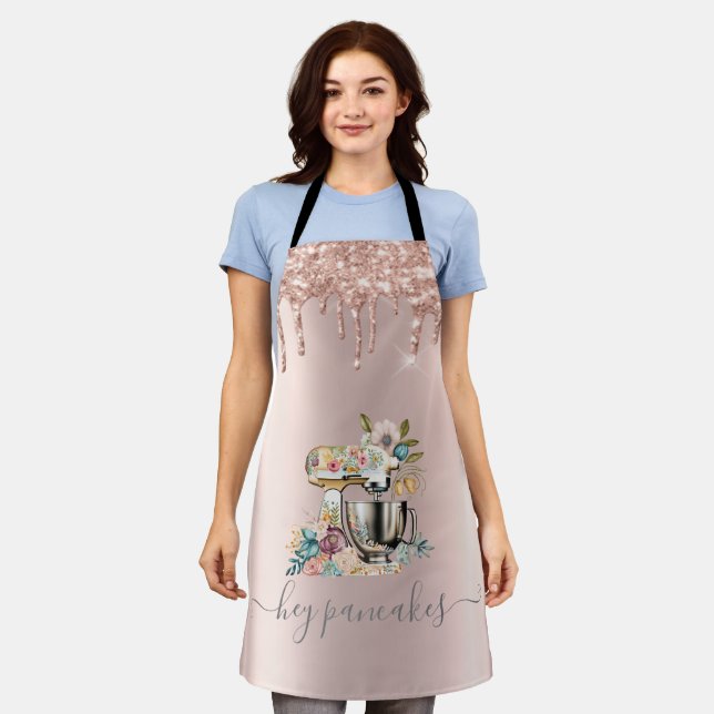 Blumenkuchen Mixer Glitzer Tropfen Rose Gold Schürze (Getragen)