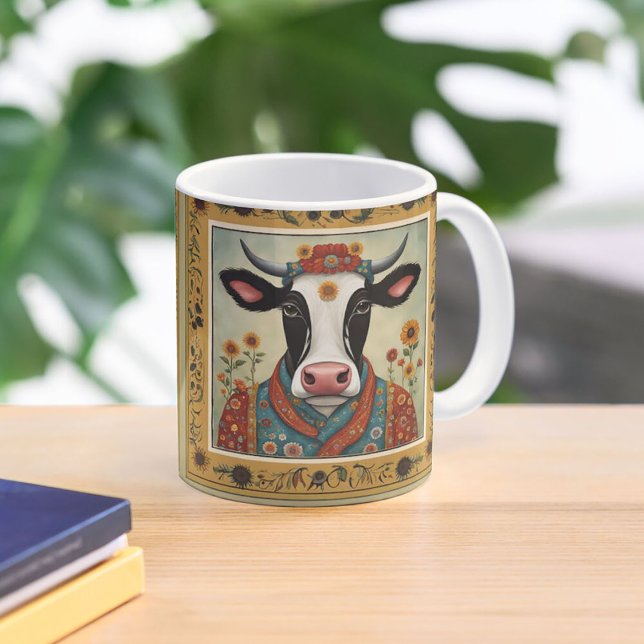 Blumenkuh Folk Kunst Zweifarbige Tasse (Von Creator hochgeladen)