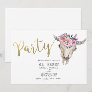 Blumenkuhschädel Gold Boho PARTY Einladung