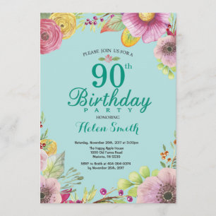 Blumenladen zum 90. Geburtstag Aquamarin Einladung