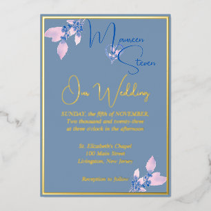 Blumenland Blue Wedding Gold Folieneinladung