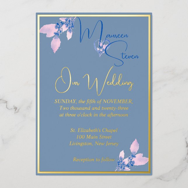 Blumenland Blue Wedding Gold Folieneinladung (Vorderseite)