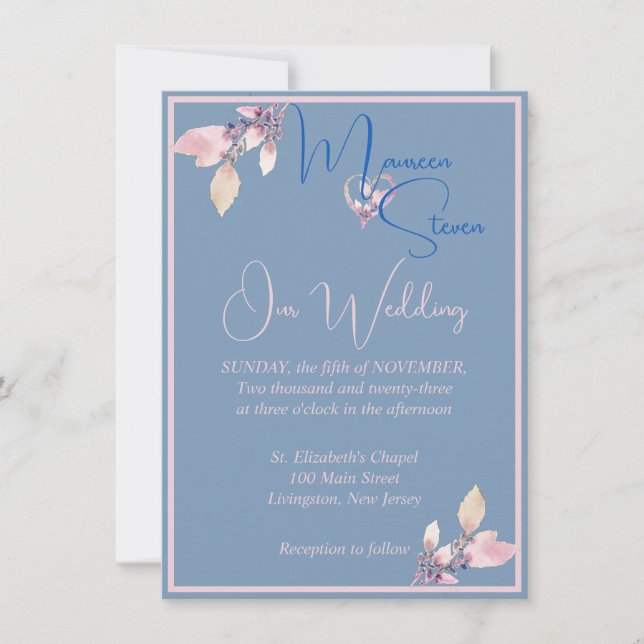 Blumenländliches Blau und Rosa Hochzeit Einladung (Vorderseite)