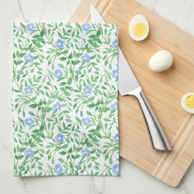 Blumenländliches blaues Periwinkelmuster Geschirrtuch (Viertel Falte)