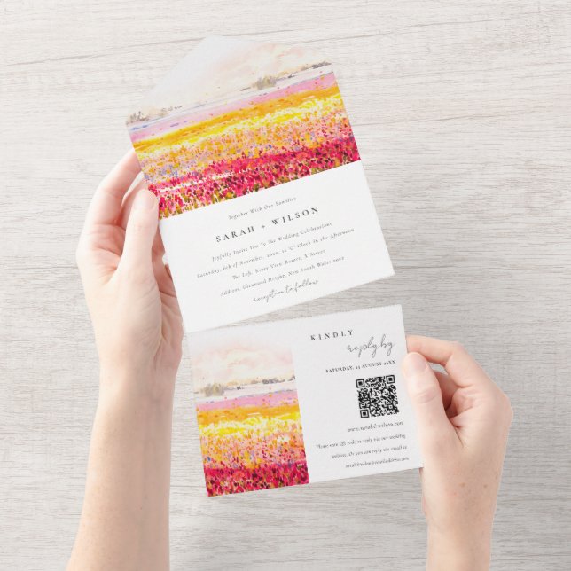Blumenlandschaft des Frühlings - QR-Code All In One Einladung (Abreißen)