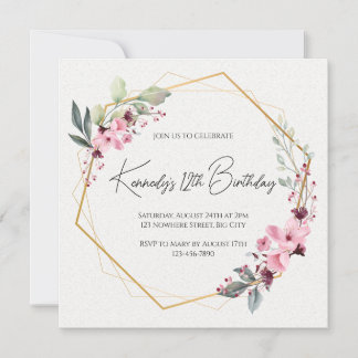 Blumenlaurel Geburtstagseinladung, elegant, Gold Einladung