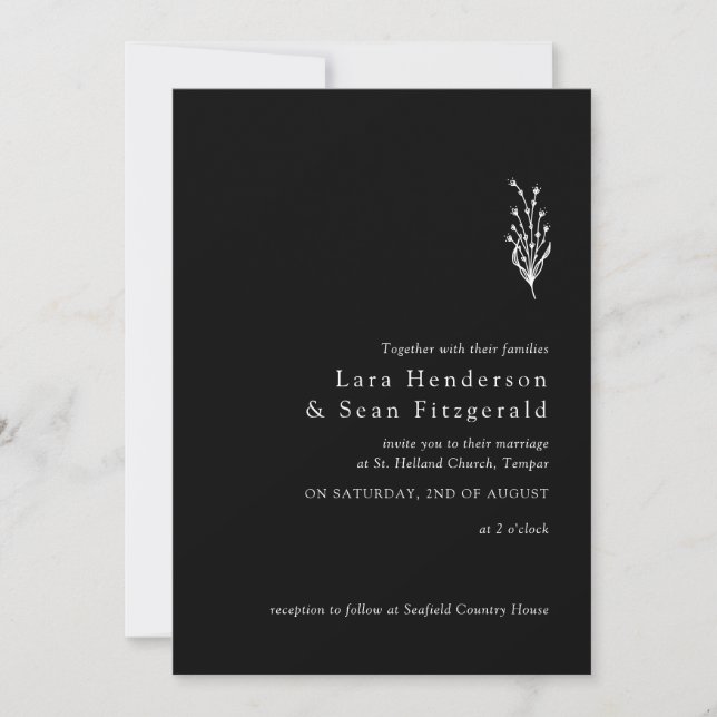 Blumenlavender Moderne Minimalistisch Schwarz/Weiß Einladung (Vorderseite)