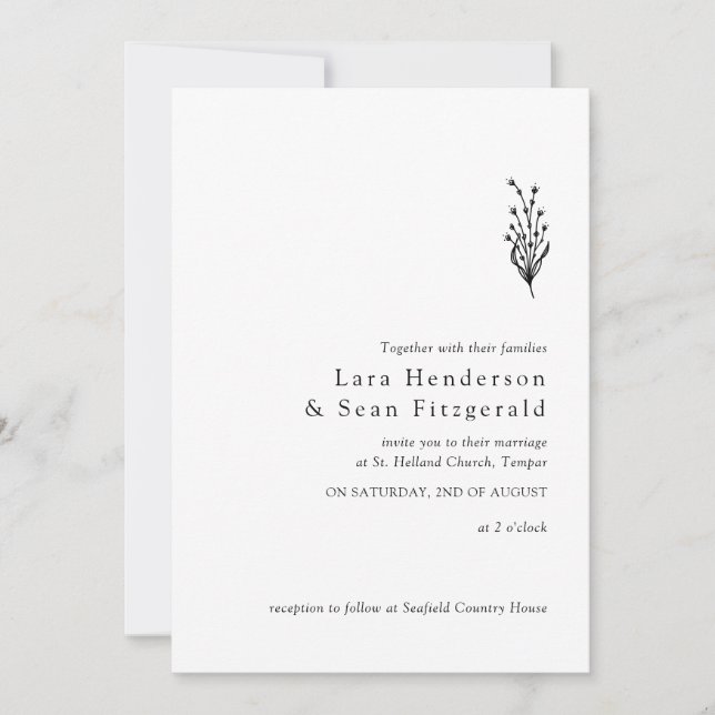 Blumenlavender Moderne Minimalistisch Schwarz/Weiß Einladung (Vorderseite)