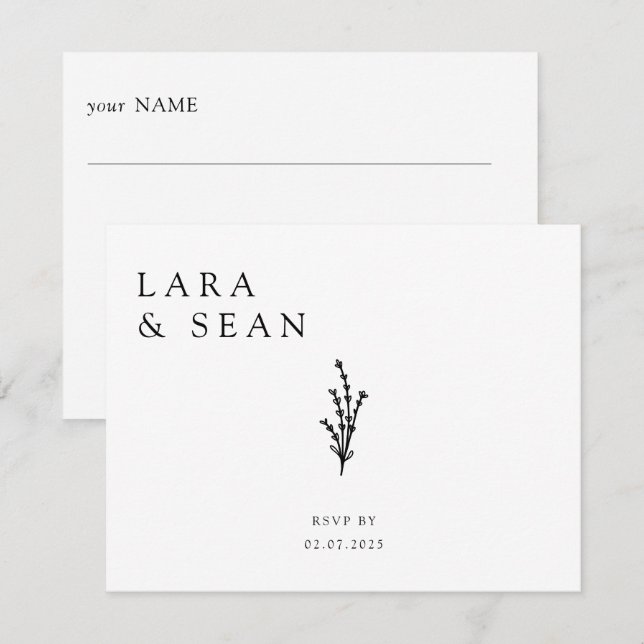 Blumenlavender Moderne Minimalistisch Schwarz/Weiß RSVP Karte (Vorne/Hinten)