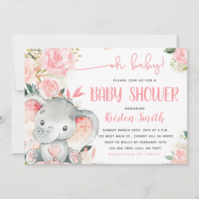 Blumenlephant Babydusche Einladungen für ein Mädch (Vorderseite)