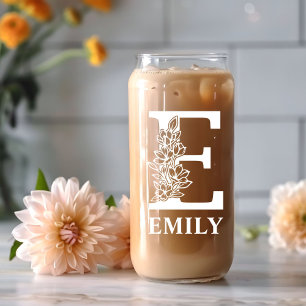 Blumenletter E Monogramm Personalisierter Name Wei Dosenglas