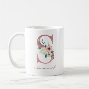Blumenletter S Initiale - rosa und elfenbeinfarben Kaffeetasse