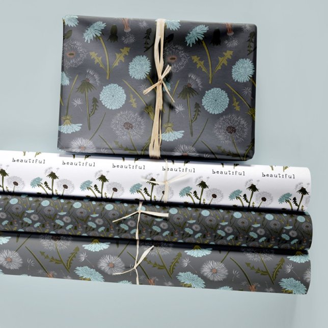 Blumenleuchter blaues Dekoupage-Geschenk Geschenkpapier Set (Dandelions Blue Gray Floral Botanical Patterns Wrapping Paper Sheets from Studio Posies.)
