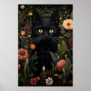 Blumenliebhaber Schwarzkatze Druck, floral Katzen  Poster
