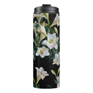 Blumenlilien: Schwarzes Hintergrundbild Thermosbecher