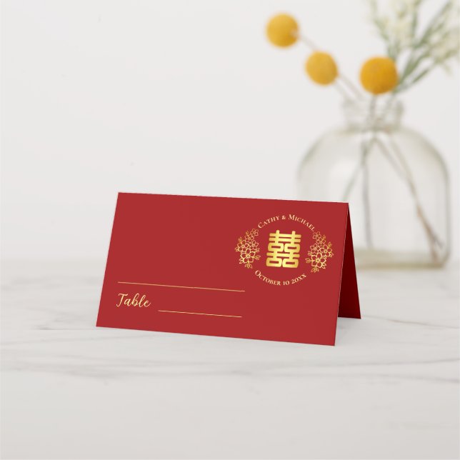 Blumenlogo chinesische Hochzeit doppeltes Glück ro Platzkarte (Vorderseite)