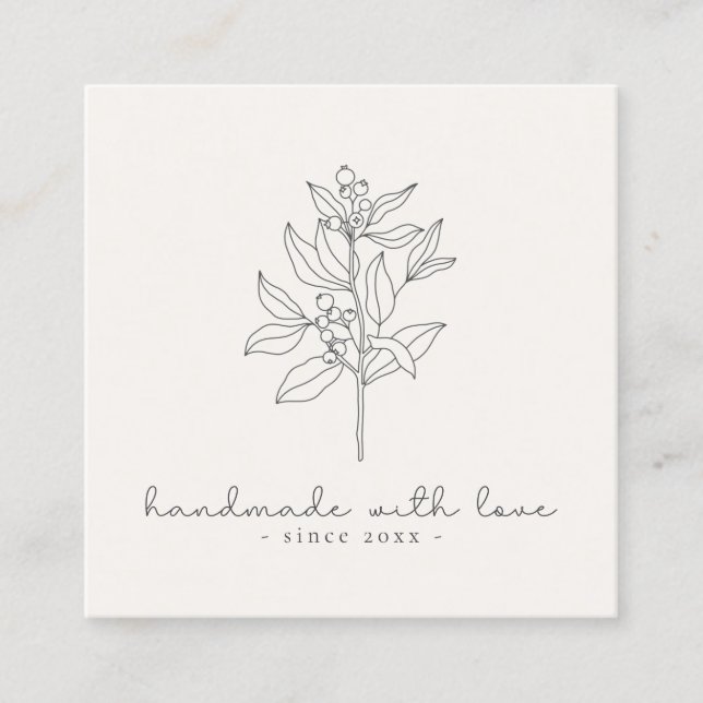Blumenlogo, handgefertigt mit Liebe weiß Quadratische Visitenkarte (Vorderseite)