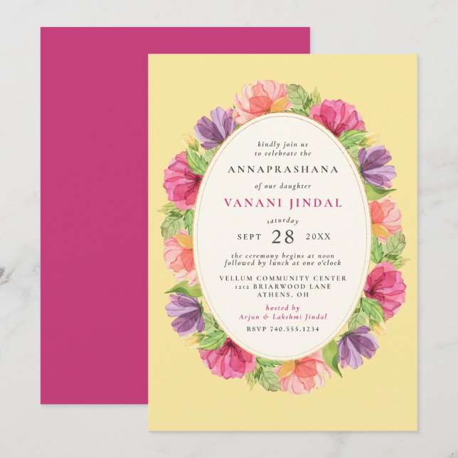 Blumenmädchen Annaprashana Erste Reiszeremonie Einladung (Vorne/Hinten)