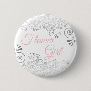 Blumenmädchen bei der Hochzeit Knopf Rosa & Grau Button