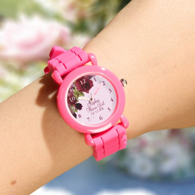 Blumenmädchen Burgund Gastgeschenk Hochzeit beobac Armbanduhr (Pretty watch for your Flower Girl or Junior Bridesmaid. Just add their name and your wedding date)