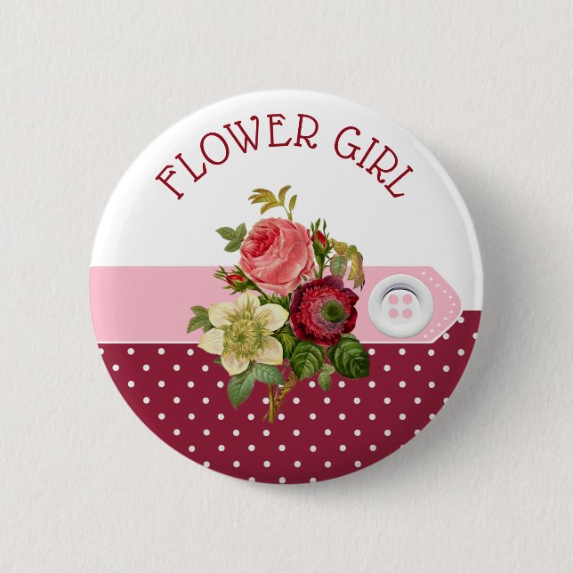 Blumenmädchen Burgund Rose Hochzeitsschaltfläche Button (Vorderseite)
