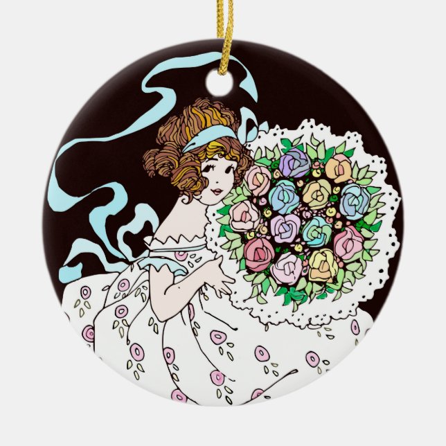 Blumenmädchen der 1920er Jahre mit Bouquet-Keramik Keramik Ornament (Vorne)
