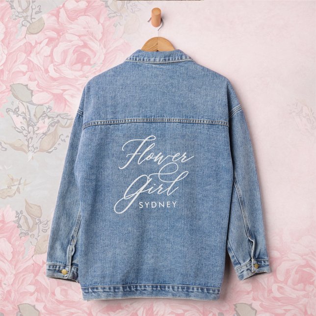 Blumenmädchen Elegante Script Name Wedding Party Jeansjacke (Flower Girl Elegant Script Name Wedding Party Denim Jacket)