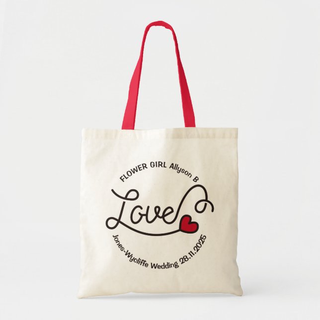 Blumenmädchen Hochzeit Liebe Rotes Herz Typografie Tragetasche (Vorne)