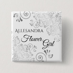 Blumenmädchen Namensschild Lacy Silber-Filigran Button