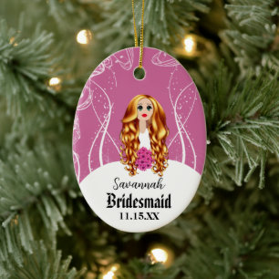Blumenmädchen oder Bridmaid Pink Redhead Hochzeit Keramikornament