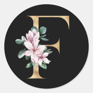 Blumenmagnolie-Monogramm in Gold Buchstabe F Runder Aufkleber