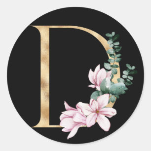 Blumenmagnolie-Monogramm in Goldbuchstabe D Runder Aufkleber