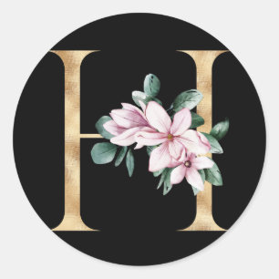 Blumenmagnolie-Monogramm in Goldbuchstabe H Runder Aufkleber