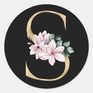 Blumenmagnolie-Monogramm in Goldbuchstabe S Runder Aufkleber