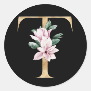 Blumenmagnolie-Monogramm in Goldbuchstabe T Runder Aufkleber